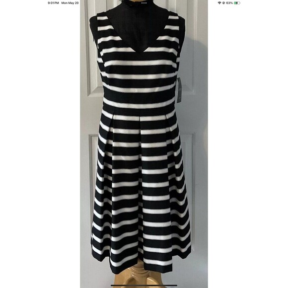 Lauren Ralph Lauren Black/Ivory Stripe Sateen V-Neck Fit & Flare Dress Sz 8 NEW - Picture 3 of 10